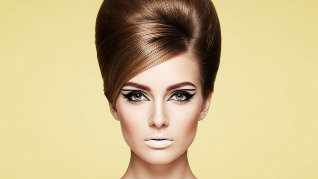 Woman with 1960s beehive hairstyle and dramatic makeup.