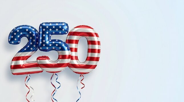 Number 250 made of American flag foil balloons on light background