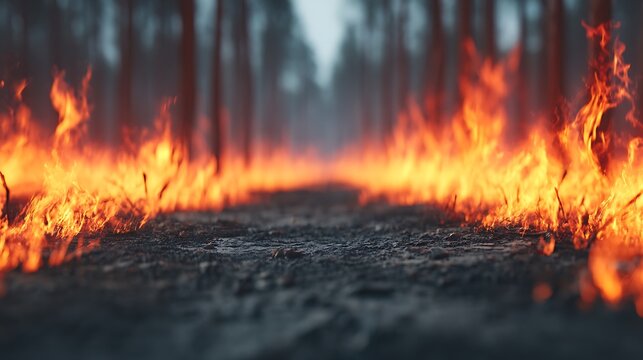 A close-up view of a forest fire burning intensely along the ground with blurred trees in the background.