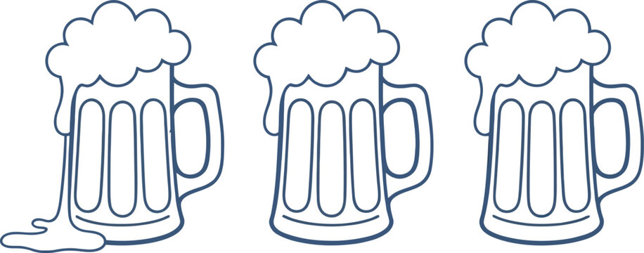 Three cartoon beer mugs with frothy heads and one spilling over