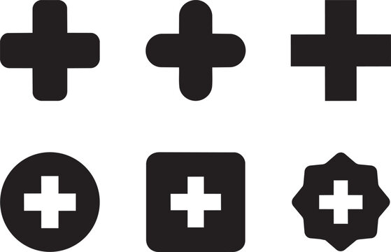 Collection of diverse plus sign icons in solid black and outline styles for medical and abstract concepts