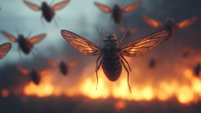 Swarm of cicadas with translucent orange wings flying over a blurred background illuminated by warm light.
