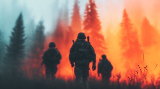 Three soldiers walk through a smoky forest with flames and tall trees in the background during a wildfire or combat scenario.