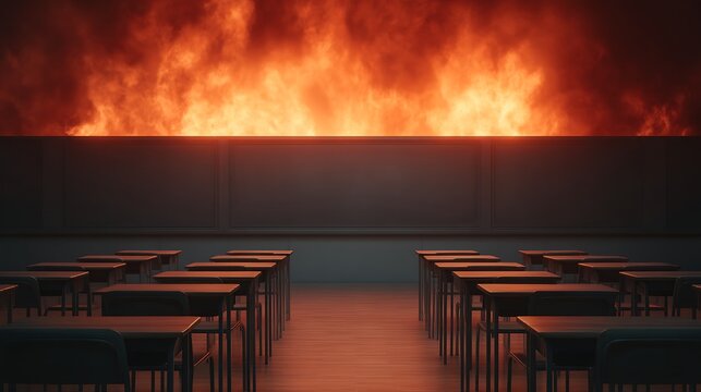A classroom filled with rows of empty desks is shown with a large, intense fire blazing behind the blackboard, creating a dramatic and alarming scene.