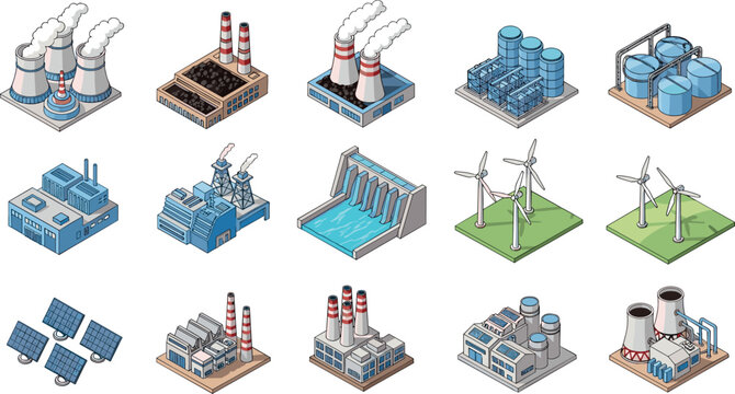 Various Power Plants Including Wind, Solar, Hydro, and Nuclear, Renewable and Non-Renewable Energy Sources, Vector Illustration
