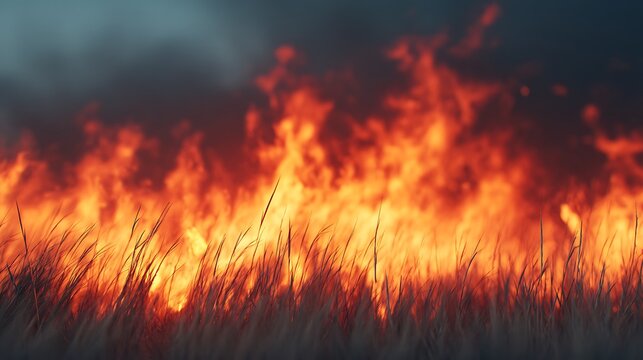Intense wildfire engulfs tall grass with bright orange flames and dark smoke under a cloudy sky, highlighting the destructive force of nature.