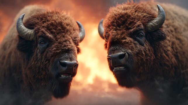 Two majestic bison face the camera against a fiery, smoky background, highlighting their thick fur and powerful horns.