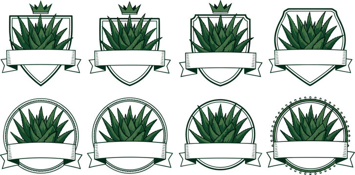 Vector Set of Green Plant Badges with Blank Banners for Branding, Logo, and Design Projects