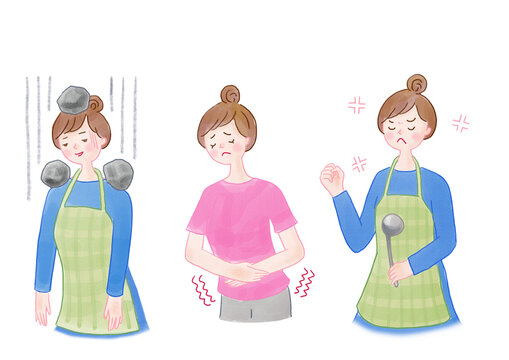 生理痛　だるさ　腹痛　イライラ　PMSの症状で困る女性のイラスト