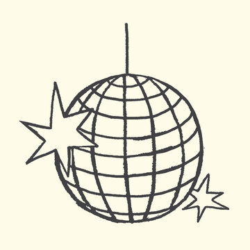 Hand-drawn disco ball with stars illustration celebration nightclub entertainment decoration illustration isolated minimalist discotheque