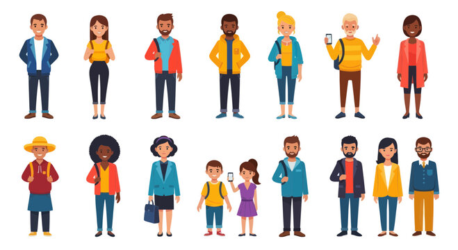 Diverse Group of People Standing Collection, Flat Design Characters