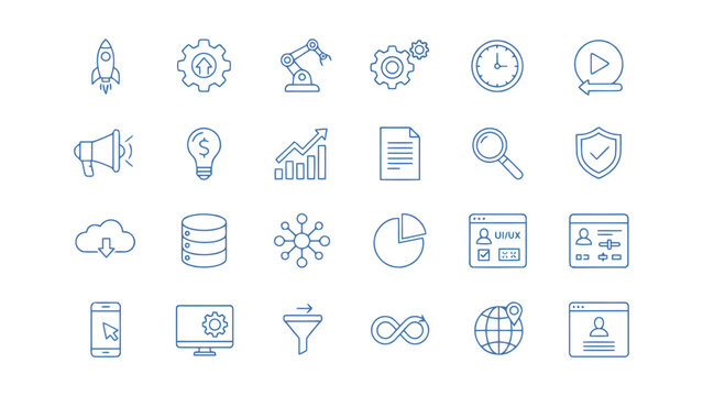 Professional collection of outline icons for digital infrastructure and ecommerce platforms featuring security and cloud computing symbols in a high resolution clean vector format for modern web