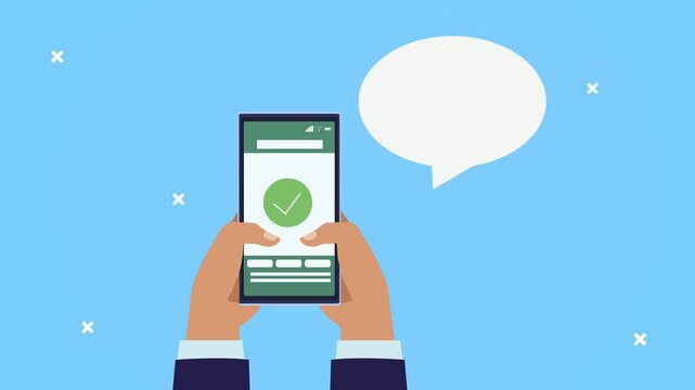 Business professional hands using smartphone for digital payment confirmation and social media messaging animation.