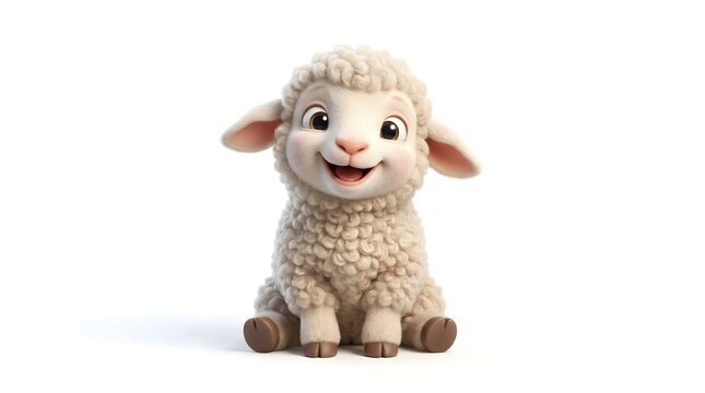 Charming 3D character of a fluffy white baby sheep or lamb with big expressive eyes and a happy smile, isolated on white background. Perfect for farm animal themes.