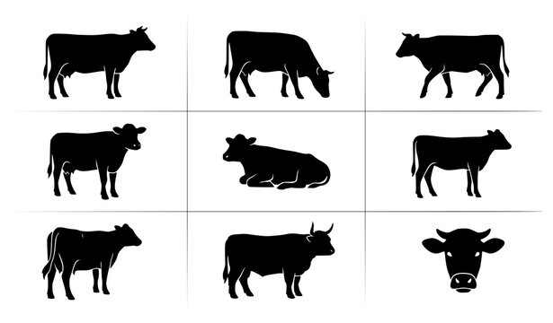 Minimal black cow silhouette collection with farm animal poses vector design