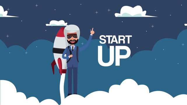 Businessman with rocket backpack launches into cloudy night sky with stars and startup text.