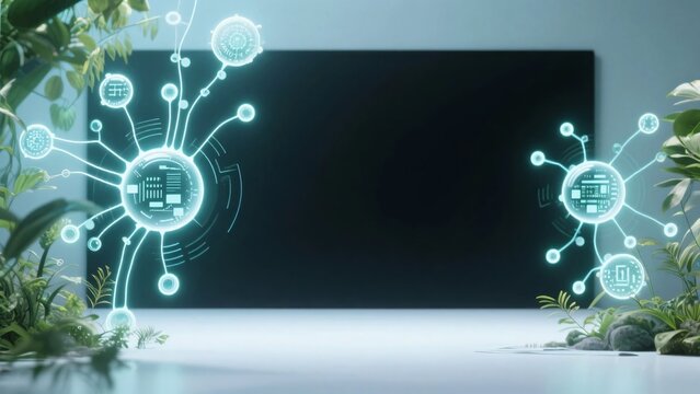 暗い画面の背景の緑の植物と電子回路の球体、環境保護のコンセプトイメージ