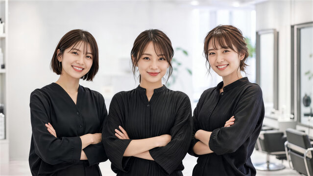 美容室で腕を組んで笑顔を見せる3人の女性美容師