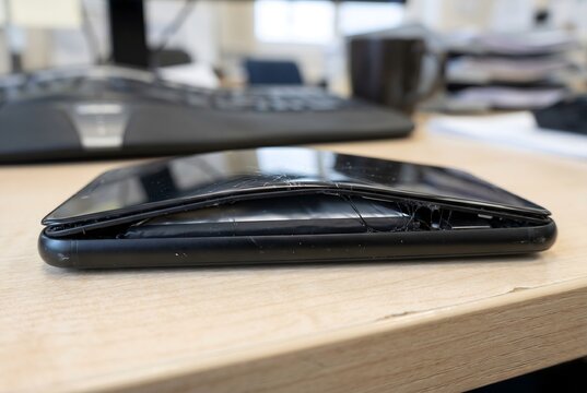 Macro close up of smartphone with swollen battery pushing screen open