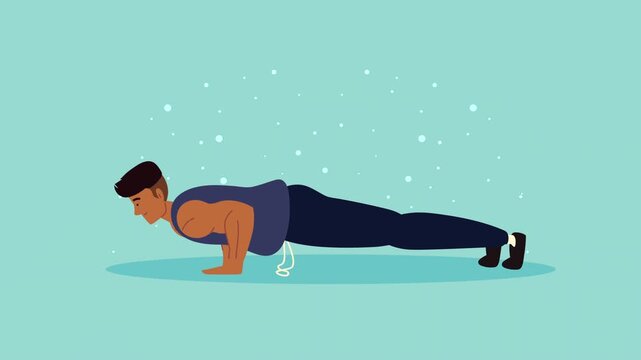 Man performing push up exercise dynamically on blue background with abstract particles.