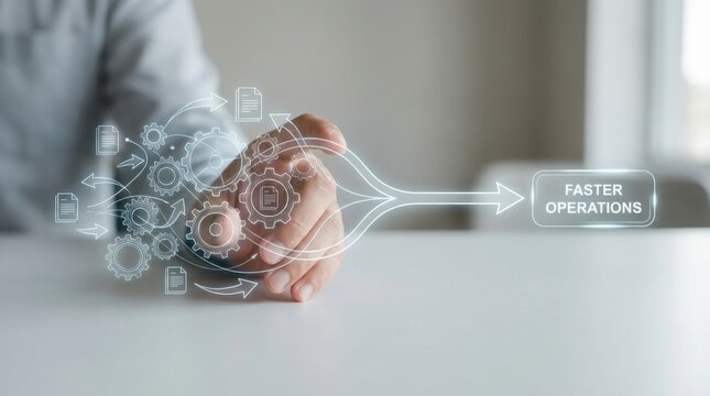 Person's hand holding a digital interface featuring a gear wheel and the words faster faster for business process