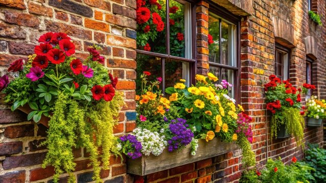 A photo of a brick building with a vibrant flower box in front The brick walls are worn and weathered, with patches of moss growing between the crack