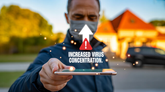 Man in face mask shows increased virus concentration on smartphone