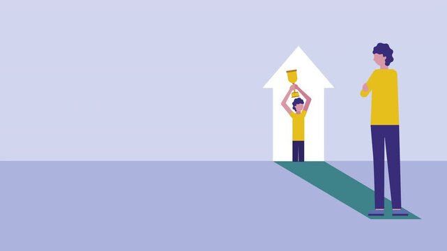 Flat animation of man looking at his younger self holding trophy cup standing inside glowing arrow doorway.