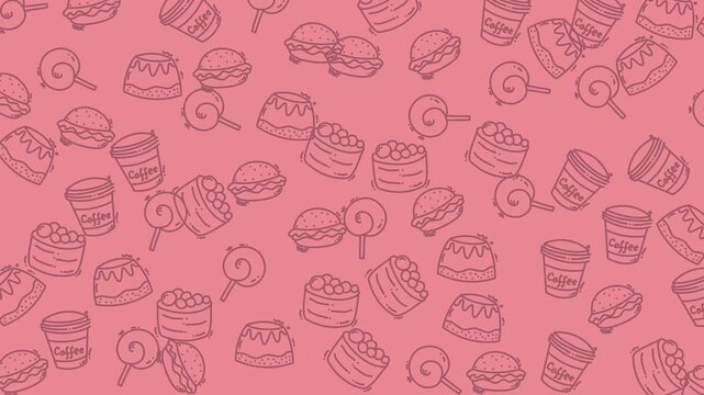 Charming hand-drawn cafe doodle patterns featuring coffee cups, burgers, and sweet cakes on a soft pink background, perfect for bakery and kids' food video projects.