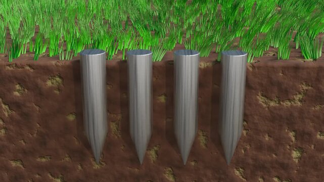 Soil aeration. Holes dug into earth allowing nutrients, gases, fertilizer to enter soil. Improving air exchange in soil. Digging holes opens up compacted soil during aeration. 3d animation render.