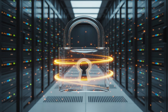 Digital security concept with a glowing padlock in server room, security