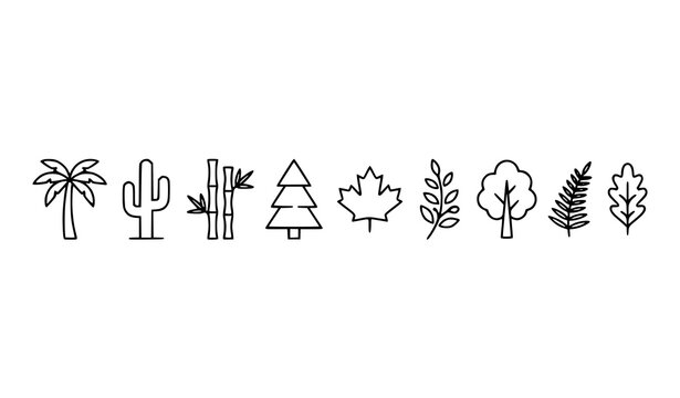 Minimal black line nature icon collection with palm trees cactus bamboo pine and maple leaves vector set