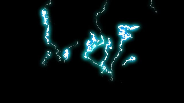 Electric blue lightning bolt animation with glowing thunder strike, energy sparks and storm flash overlay on black screen background for anime VFX motion graphics 4K ultra