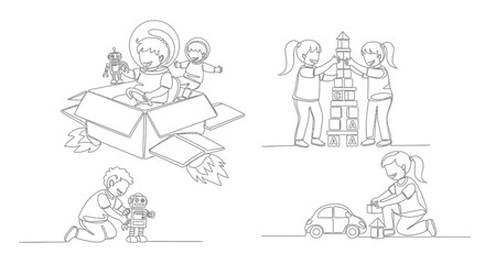 Obraz premium Children's imaginative play: space adventure, building blocks, and toy robots