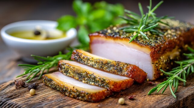 Deliciously Spiced and Herb-Crusted Pork Belly with Fresh Green Herbs and Dipping Sauce on Rustic Wooden Background
