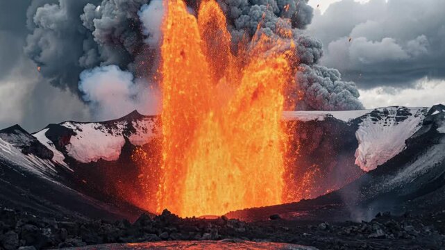 Explosive lava eruption volcano molten ash smoke explosion landscape with glowing magma rugged mountain dramatic sky and powerful nature force