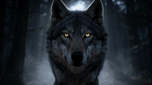 Mystical wolf forest night moonlight fog mysterious glowing eye predator majestic canine wildlife powerful animal stride dramatic dark woodland