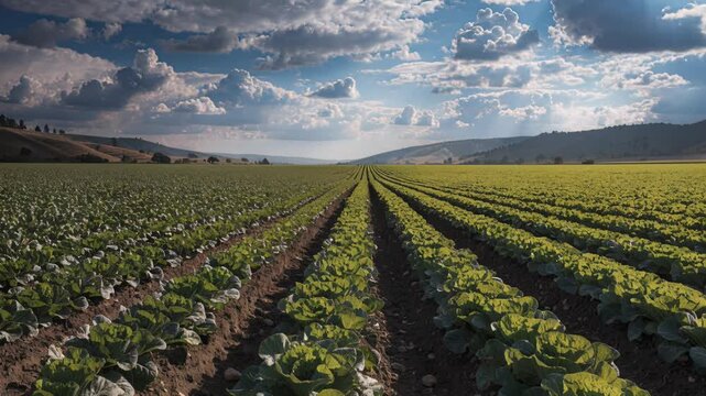 Cabbage field agriculture farmland vegetable crop rural landscape cloudy sky green plant perspective row long cabbage field vegetable farm rural