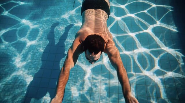 Underwater swimming male swimmer swimming pool clear water summer fitness athletic body underwater sport freedom and calm mood joyful scene summer