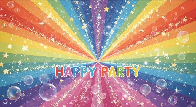 Colorful Rainbow Party Celebration with Confetti and Bubbles.