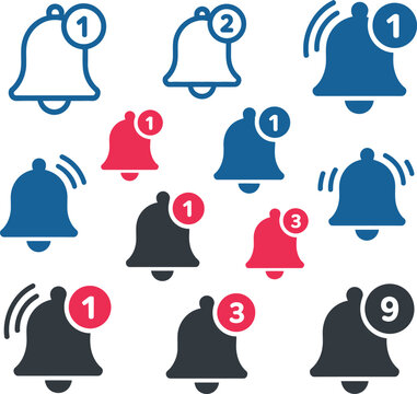 Notification Bell Icons: Collection of varied notification bell icons, showcasing the different ways alerts can be displayed, featuring different number indicators and states.