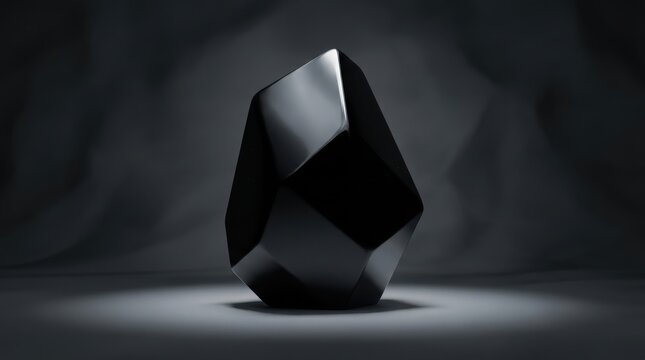 Polished Obsidian Sculpture with Sharp Angles Set Against a Dark, Moody Background