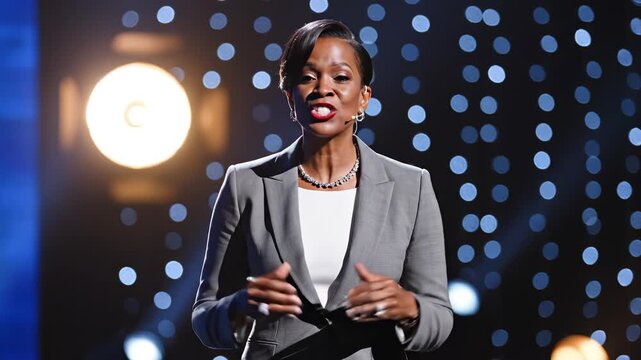 Woman in suit on stage with lights highlighting geometric patterns and contemporary art