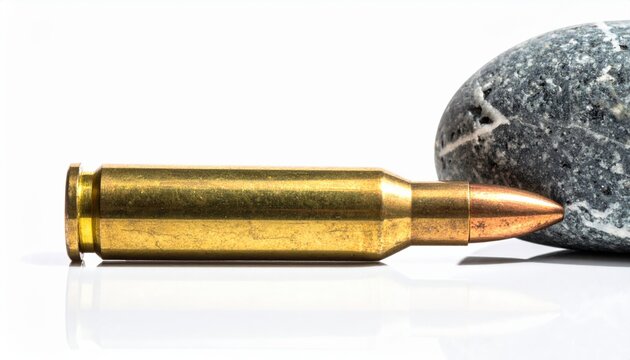 A single brass bullet casing rests horizontally beside a polished gray stone in a sharp wide shot, showcasing high metallic detail and texture for military, security, or tactical themes.