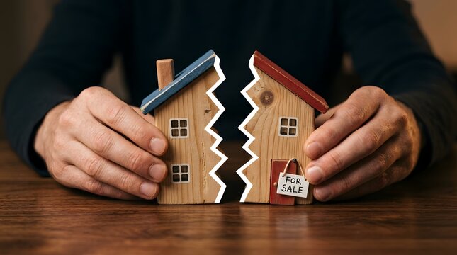 Man Hands Holding Split Toy House with Red and Blue Roof Symbolizing Real Estate Division
