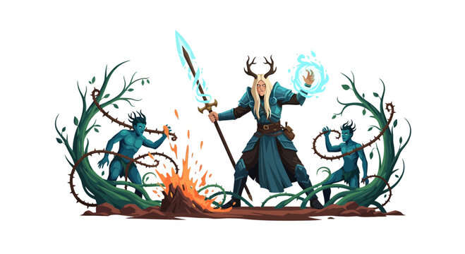 Powerful antlered warrior casting magic with blue forest spirits