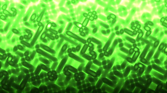 Abstract behongo green gradient background animation featuring glowing biomorphic capsule-like and cellular shapes that drift, shift, and gradually fade away.