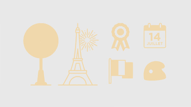 French National Day Icons: Eiffel Tower, Calendar, Flag, Ribbon, Beret