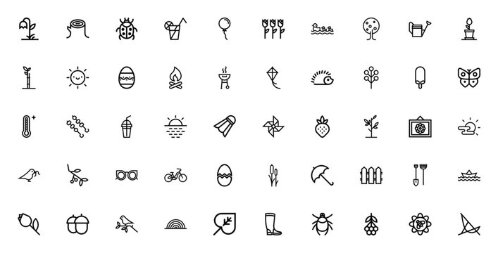 Spring_7218 icon set. Minimalist vector icons. Includes withered flower, tree stump, ladybug, lemonade, balloon and more. Editable vector stroke.