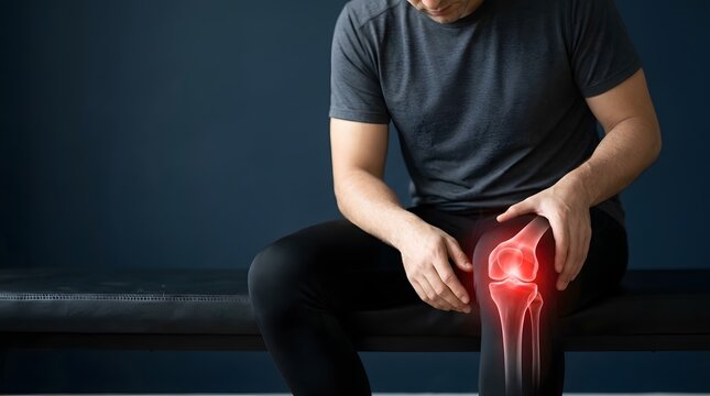 Athletic Man Feeling Pain in His Knee with Red Glowing Illustration Representing Arthritis